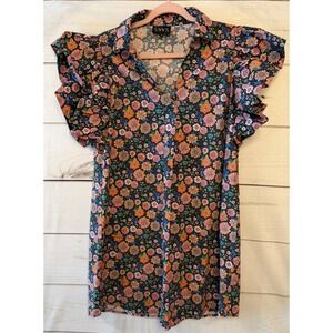 SSYS Women's Black Floral Print Ruffle Sleeve‎ Collared Dress Size S